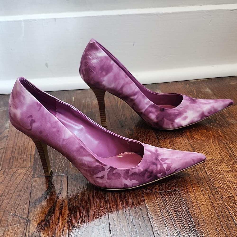 Nine West Stiletto Fairy Party Purple Patterned Pumps Faux Wood Heel Size 8.5